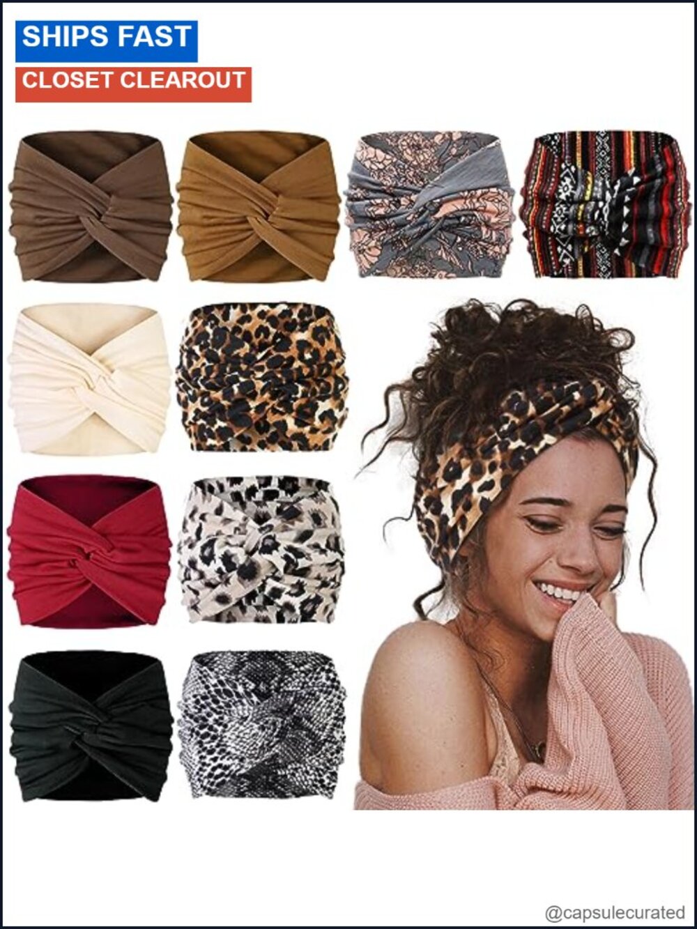 7" Wide Boho Turban Headbands 10 Pack Non Slip Polyester Elastic